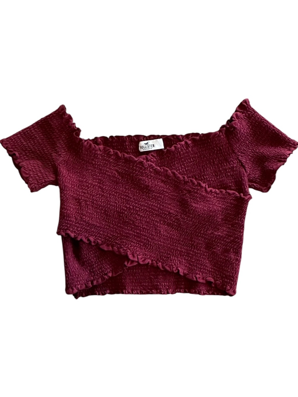 Hollister Burgundy Off Shoulder Smocked Wrap-Front Crop Top
